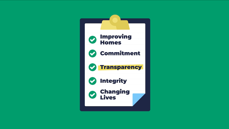 Clipboard highlighting Window World’s core value of transparency