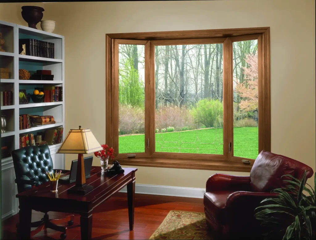 Window World bay window with woodgrain frame